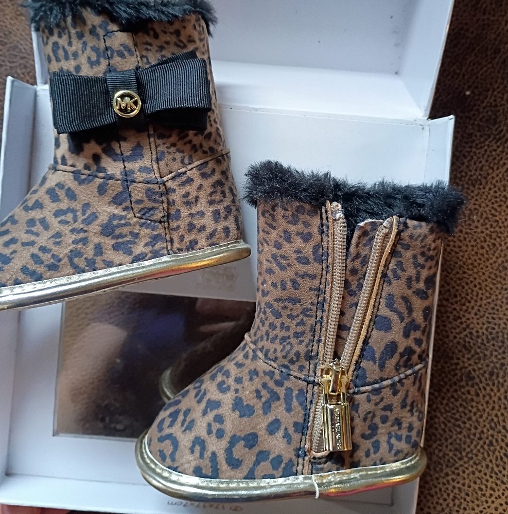 Michael Kors Brown Leopard Baby Boots with Gold Trim